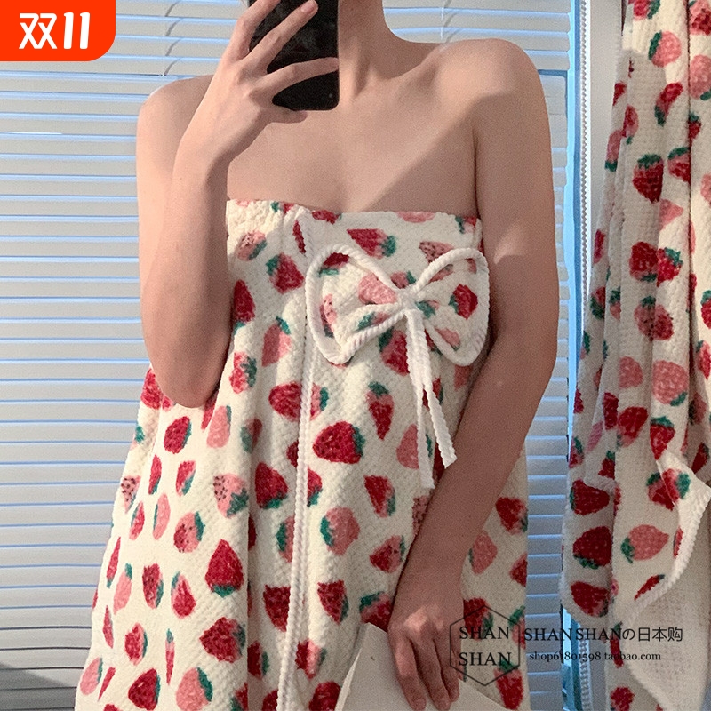 日本GP可爱浴巾女可穿可裹家用纯棉吸水速干浴袍干发帽浴裙三件套