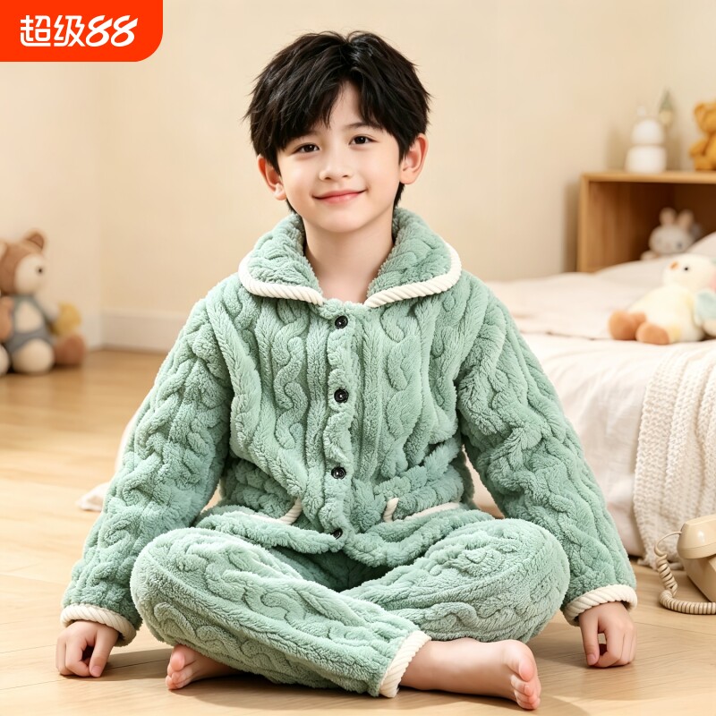 男女童秋冬儿童法兰绒睡衣可外穿加绒加厚珊瑚绒家居服中大童套装