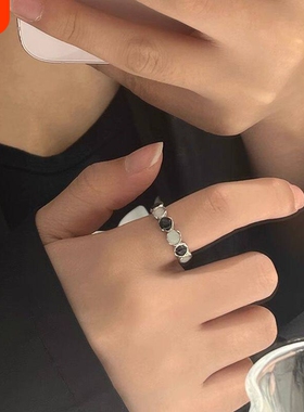 小众撞色黑白猫眼石戒指女冷淡风时尚简约百搭基础款开口食指戒