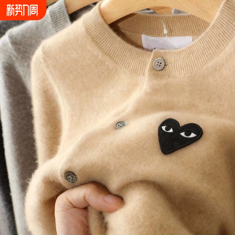 100%纯羊毛刺绣开衫外套亲子针织衫春秋款羊绒毛衣红色蓝色黑色