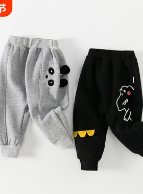 宝宝加绒裤子秋冬男童绒长裤儿童加厚裤小童薄绒裤THH132黑色白色