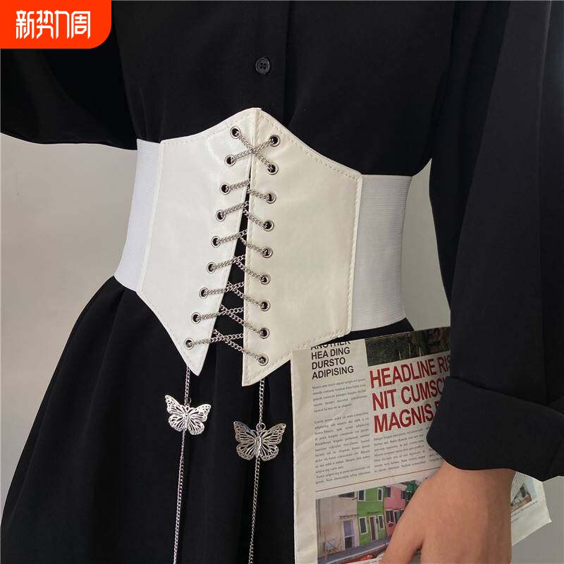 设计感金属松紧蝴蝶弹力腰封欧美百搭配连衣裙子西装衬衫链条腰带
