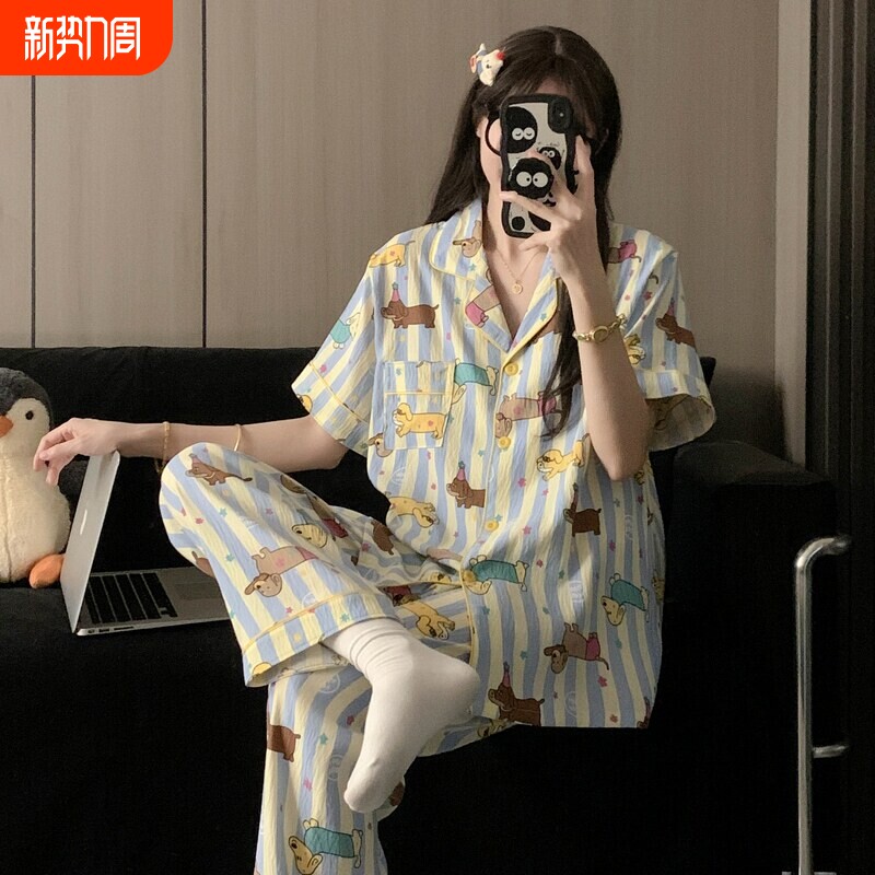 红豆条纹腊肠狗大码睡衣女春夏季短袖云朵棉纯棉纱布2025年新款家