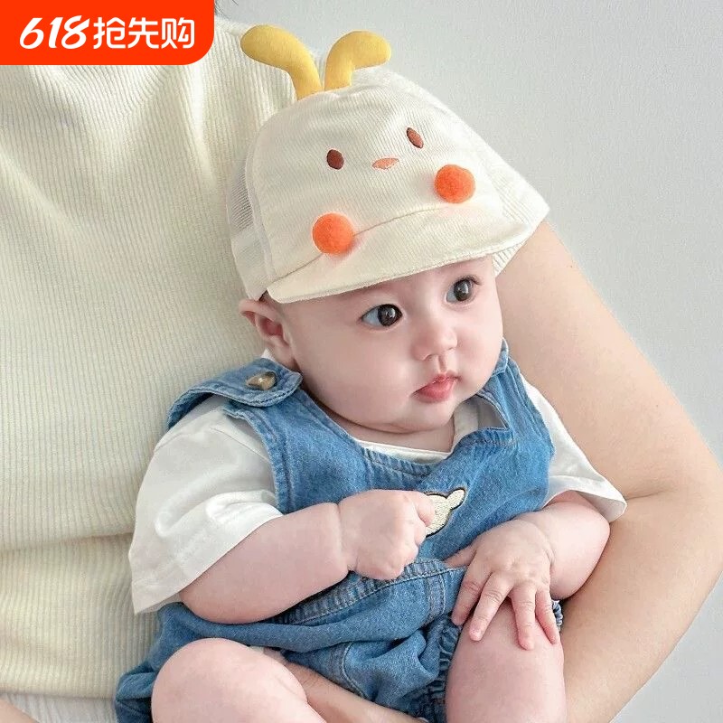 婴儿帽子夏季薄款宝宝网纱透气月龄鸭舌帽可爱超萌遮阳防晒遮阳帽