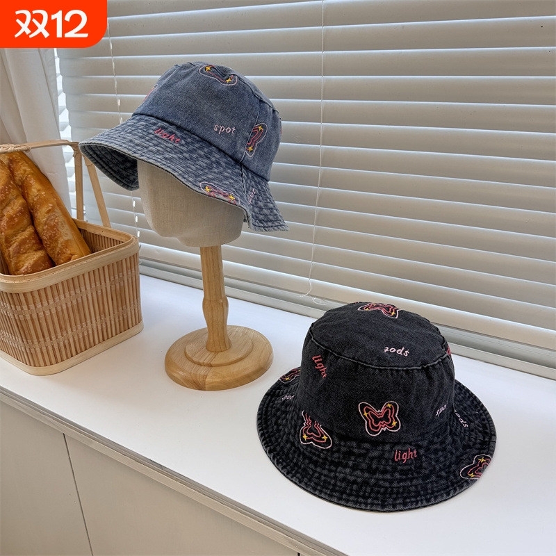 【新品】日系爱心牛仔渔夫帽女夏季韩版时尚显脸小遮阳百搭盆帽素