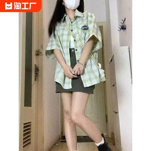 女夏季 薄款 衬衫 2024短袖 格子小众别致胸标绿色宽松翻领衬衣外套