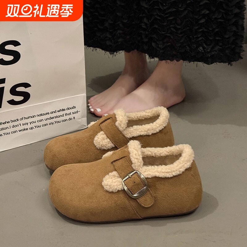 勃肯鞋女2025冬季休闲时尚保暖加绒加厚棉鞋厚底增高包头拖女毛绒