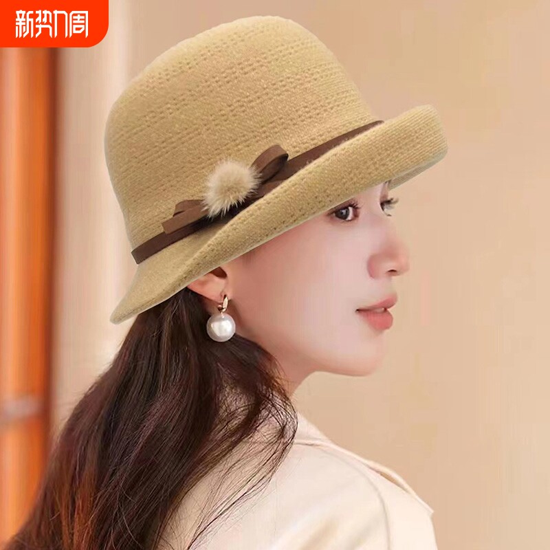 赫本风卷边帽子女士礼帽渔夫帽子女秋冬保暖英伦百搭盆帽可折叠