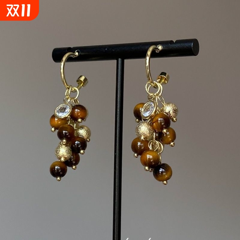 “焦糖栗子棕”天然虎眼石串珠耳环金色拉丝复古流苏耳环圆形耳坠
