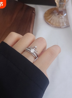 皇冠戒指925纯银女微镶二合一可拆卸两件套组合爆款玫瑰金可调节