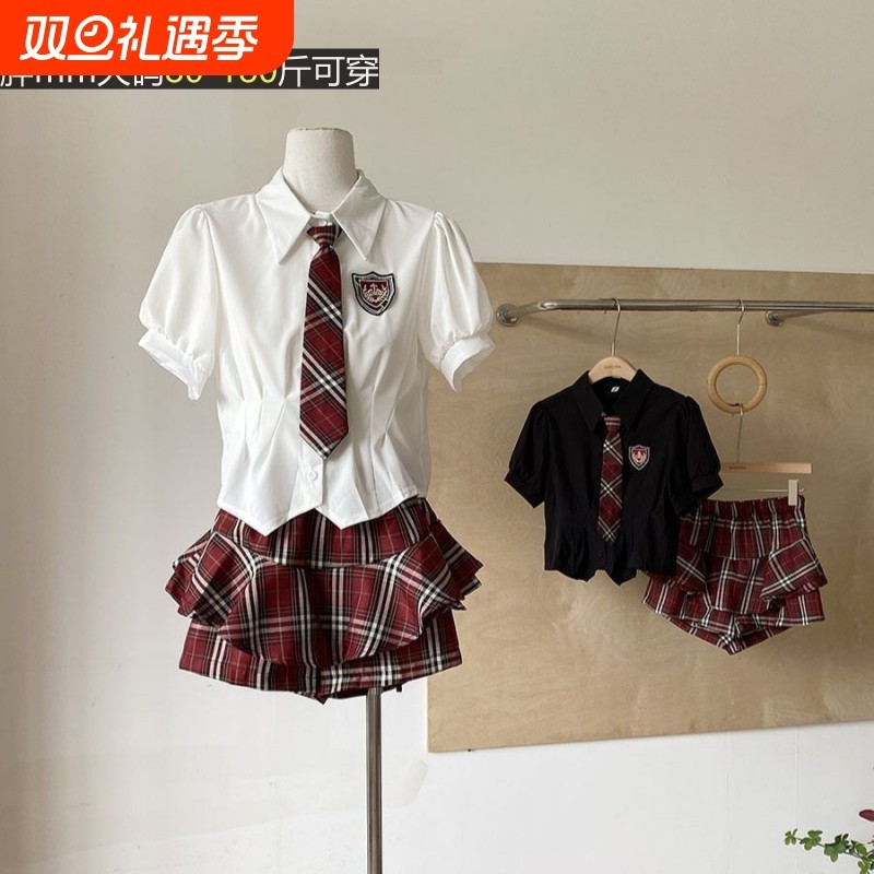 辣妹大码显瘦短袖T恤jk领带上衣高腰格子半身短裙学院风套装衬衫
