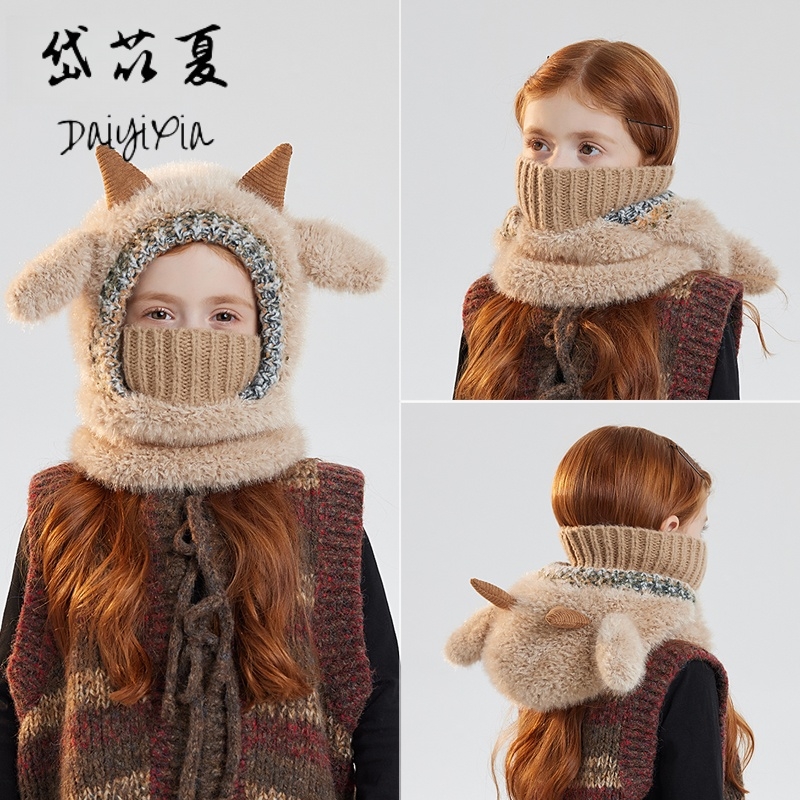 儿童帽子冬季加绒保暖套头帽毛绒小羊针织面罩围脖一体帽新款防寒
