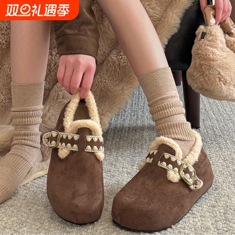 加绒勃肯鞋女2025新款秋冬季毛绒棉鞋全包博肯鞋厚底增高毛毛鞋子