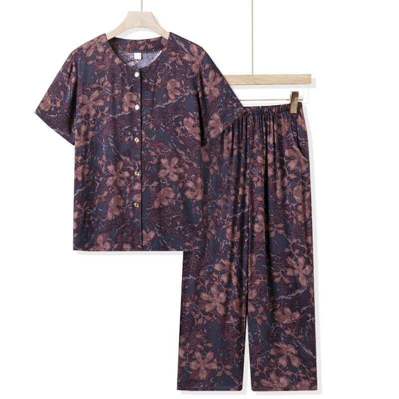 中老年人女夏装短袖衬衣套装奶奶老人上衣妈妈棉绸两件套衣服红色