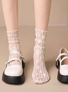 白色蕾丝袜子女夏季薄款玛丽珍网纱堆堆袜中筒lolita丝袜黑色镂空