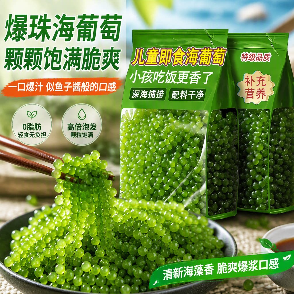 海葡萄新鲜即食蔬菜绿色鱼子酱海藻菜盐渍海带送芥末爆珠食用凉拌