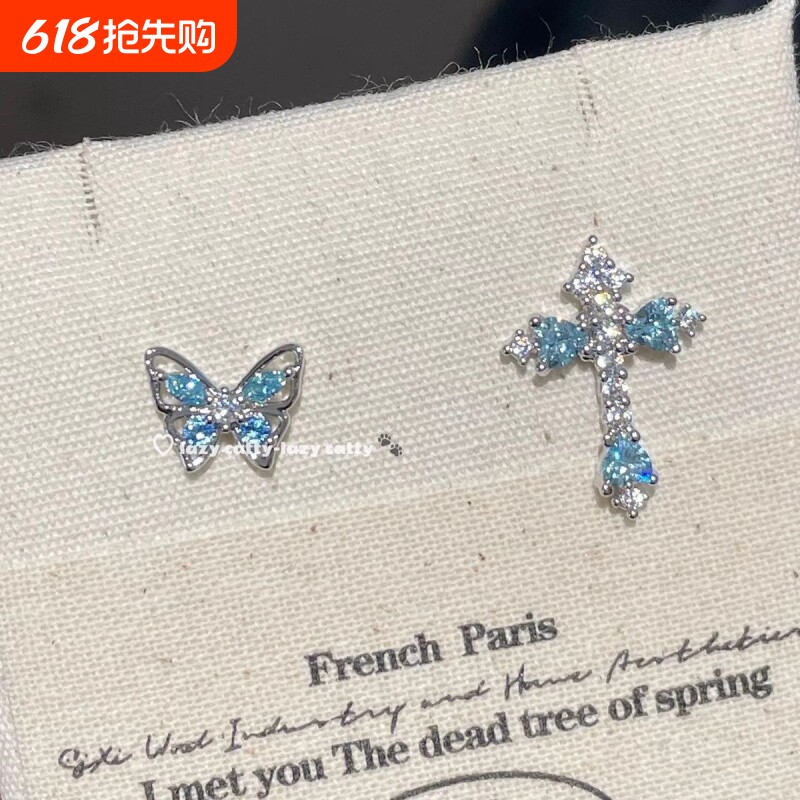 通体纯银蝴蝶耳钉女新款轻奢小众设计ins简约仙气彩色耳饰品