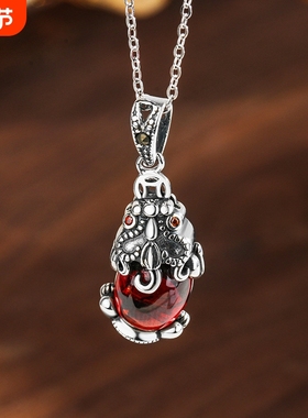 925纯银貔貅项链女士泰银复古民族风招财镶石榴石毛衣链秋冬新品