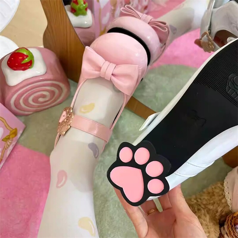 蔻孜现货猫咪酱2.0猫爪跟圆头中跟lo鞋白色粉色棕色蝴蝶结蓝色