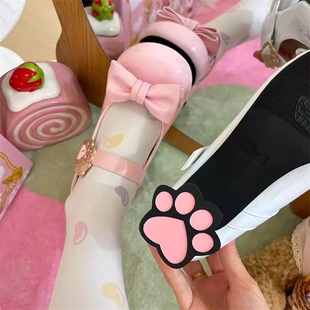 蔻孜现货猫咪酱2.0猫爪跟圆头中跟lo鞋白色粉色棕色蝴蝶结蓝色