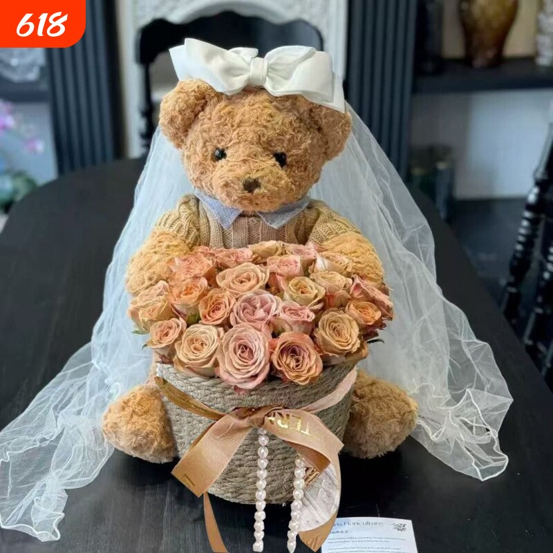 七夕情人节永生花小熊抱抱桶头纱花束仿真玫瑰皂花生日礼物送女生