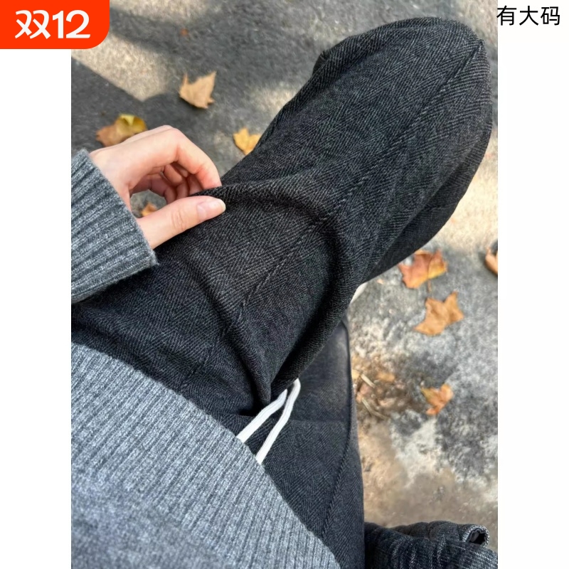 加绒加厚窄版阔腿裤女2025新款秋冬季垂感高腰毛呢裤子直筒裤大码