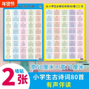 小学生必背古诗大全80首 儿童幼儿学古诗词语文学习识字挂图墙贴人教版幼儿早教挂图学习识字神器