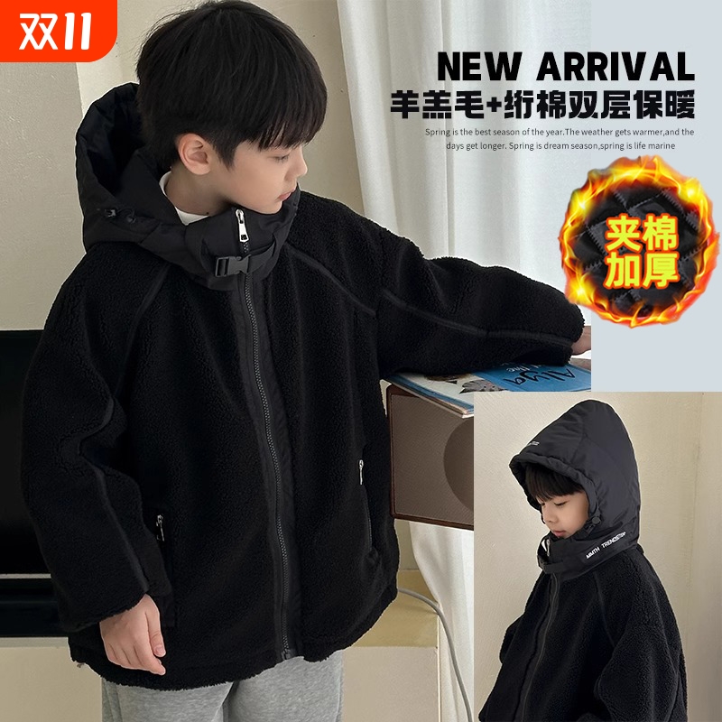 男童冬装加绒外套2025新款中大儿童秋冬款夹棉加厚羊羔绒毛毛衣潮