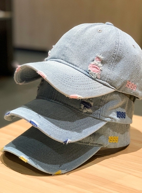 新款破洞牛仔棒球帽女欧美时尚刺绣鸭舌帽遮阳帽粉色红色蓝色紫色
