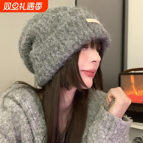 秋冬毛线堆堆帽女大头围百搭灰色