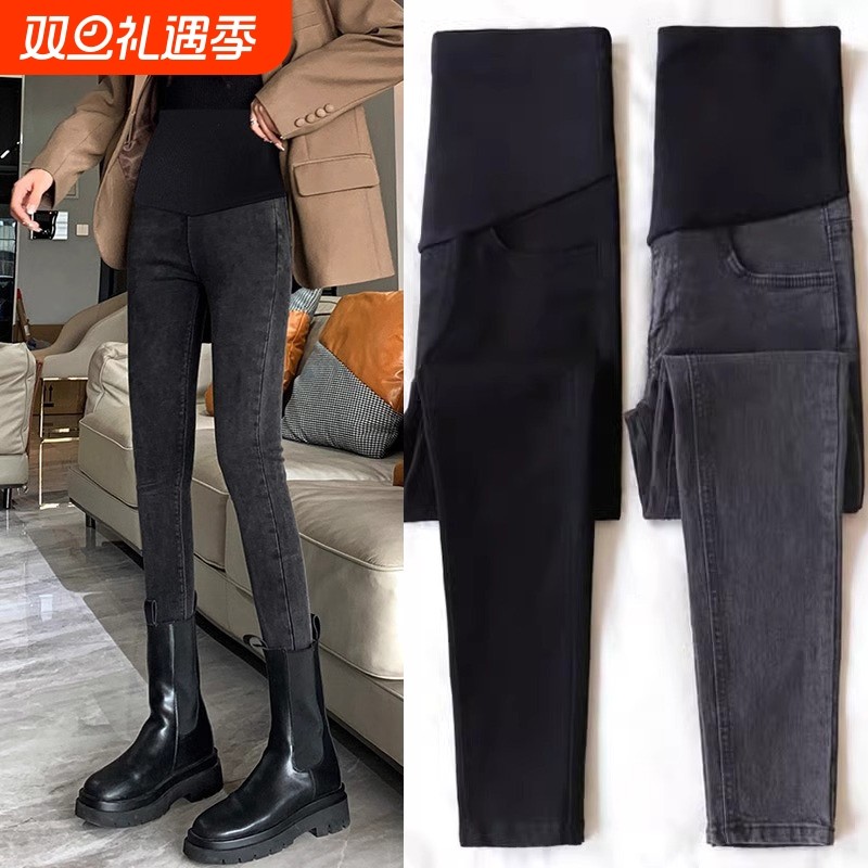 孕妇裤子秋季外穿打底裤秋冬款加绒牛仔裤小个子孕期长裤秋装肚子