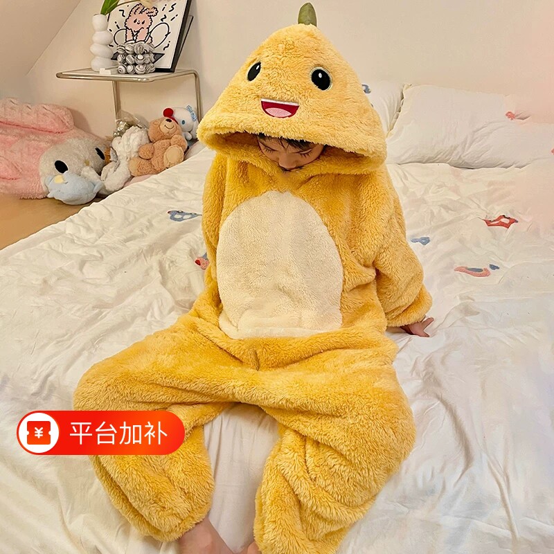 儿童珊瑚绒连体睡衣男女童卡通奶龙冬季加厚防着凉睡袋亲子家居服
