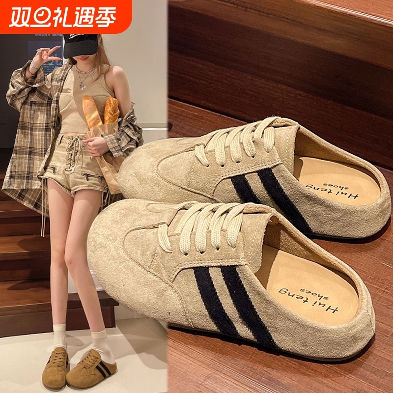 气质包头半拖鞋女外穿2025新款春秋超火厚底懒人一脚蹬德训勃肯鞋