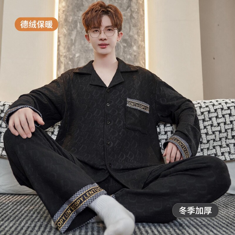 德绒睡衣男秋冬加绒加厚学生特大码300斤暗纹黑宽松开衫家居服套