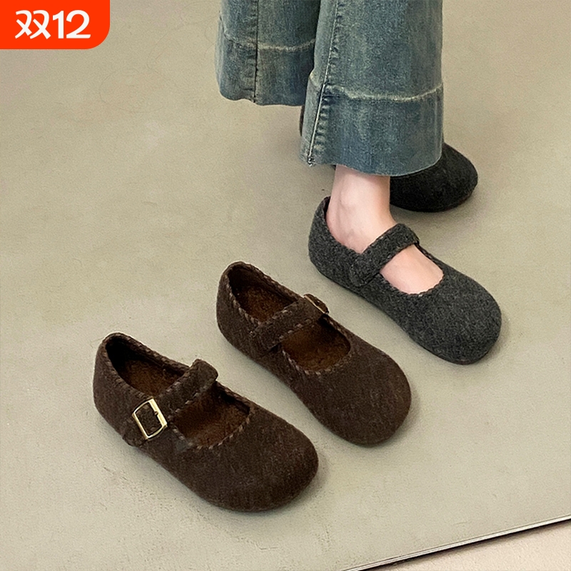 内增高棉鞋毛呢玛丽珍单鞋女2025秋冬新款复古加绒厚底豆豆鞋灰色