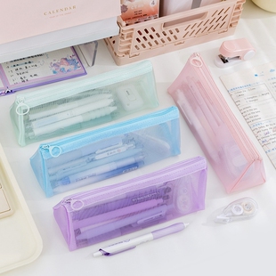 简约透明网纱笔袋小学生大容量立体三角形铅笔袋初中高中生日系考试文具袋加厚中性笔橡皮擦准考证收纳袋