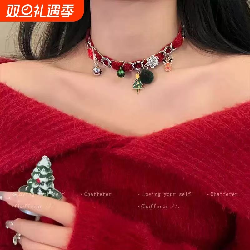诞愿心动!圣诞树毛绒铃铛choker项链女2025新款项圈秋冬小