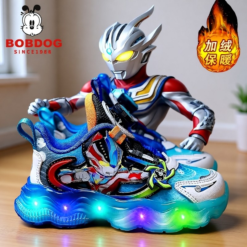 巴布豆真皮奥特男童曼发光鞋男孩旋转纽扣运动鞋儿童加绒保暖棉鞋