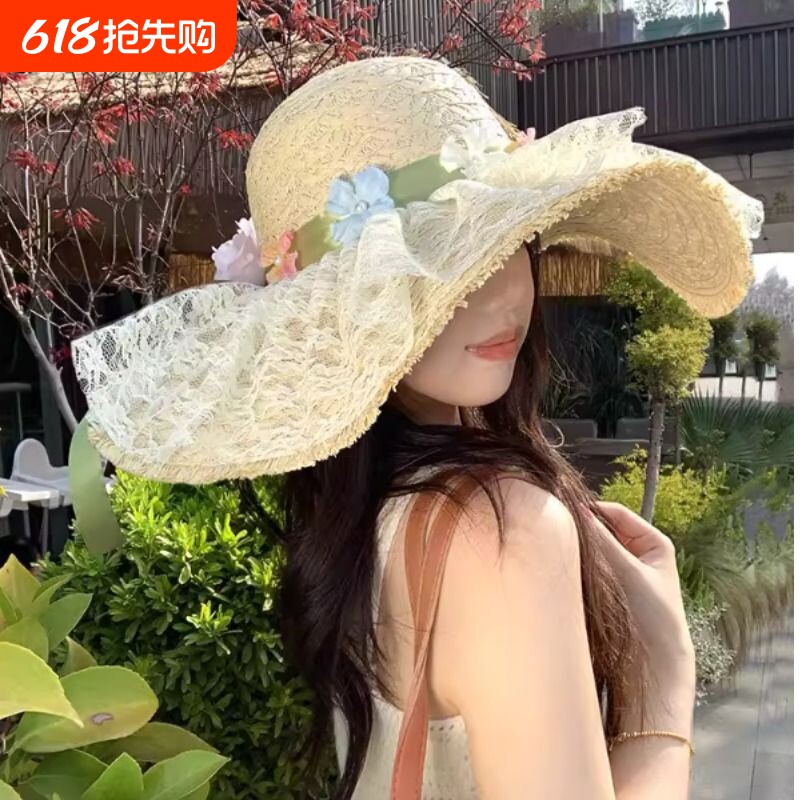 法式蝴蝶结花朵拉非草帽女夏季海边度假风沙滩帽遮阳防晒帽子平顶
