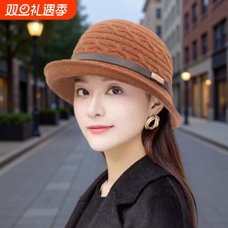 日系针织卷边小礼帽渔夫帽子女秋冬复古百搭英伦名媛圆顶盆帽韩版