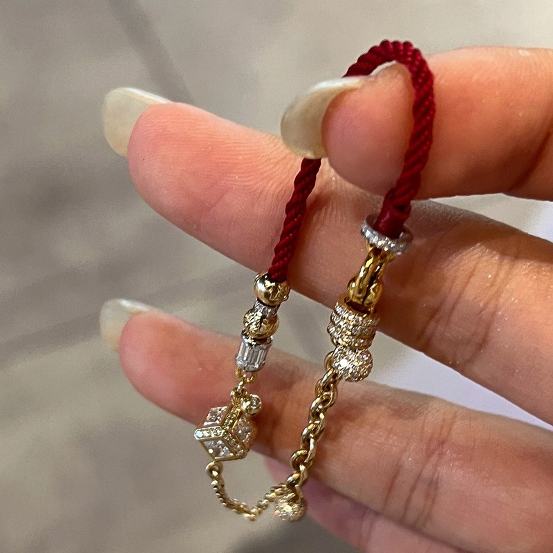 方糖块满钻红色编绳手链新款轻奢高级感半链条手绳手饰品
