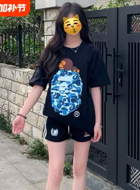 ape短袖t恤夏季男女学生潮牌纯棉猿人迷彩SHARK BAPE中大童亲子装
