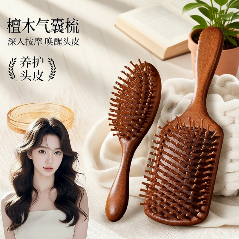 气垫囊檀木梳子头皮部按摩经络疏通器专防静电蓬松颅顶气囊头部