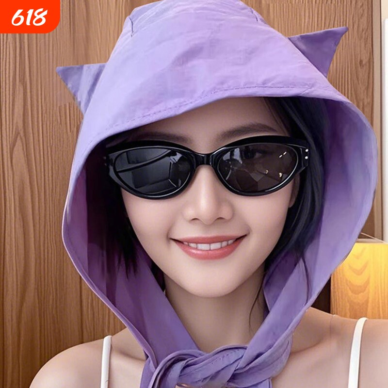 可爱小恶魔系带头巾帽女士2026新款遮阳透气速干包头绑带防晒帽子