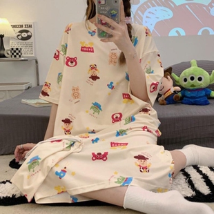 睡裙少女短袖韩版卡通学生家居服夏季睡衣薄款大码长款过膝连衣裙
