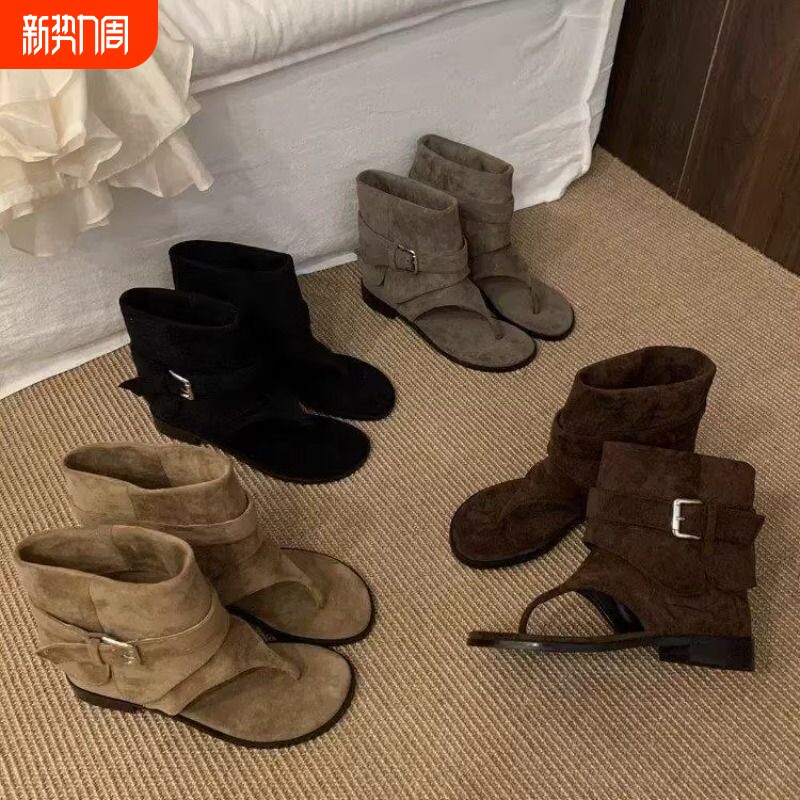 法式后包夹趾凉鞋女外穿2025夏新款平底凉靴套筒裤管时尚罗马短靴