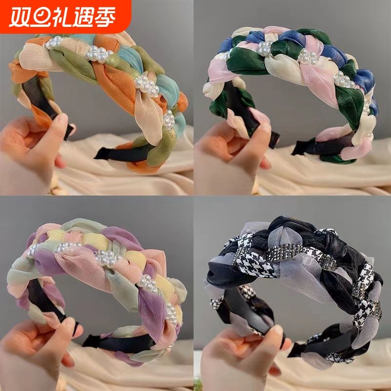 高档成人发箍新款加宽发卡带齿防滑发箍女士珍珠麻花编制压发头箍