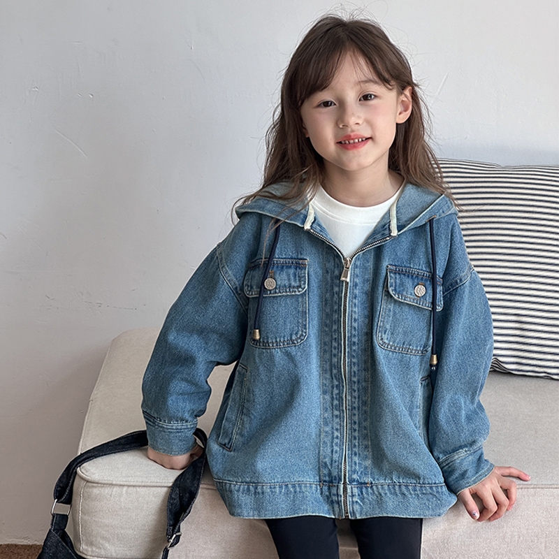 女童新款连帽牛仔衣童装春秋季中大童韩版洋气儿童休闲外套潮水洗
