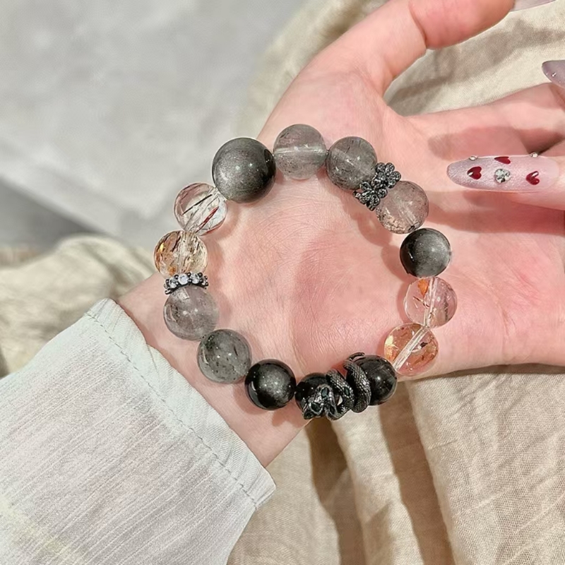 oein天然水晶黑金超手链搭配黑闪灵银耀石原创设计时尚款水晶手链