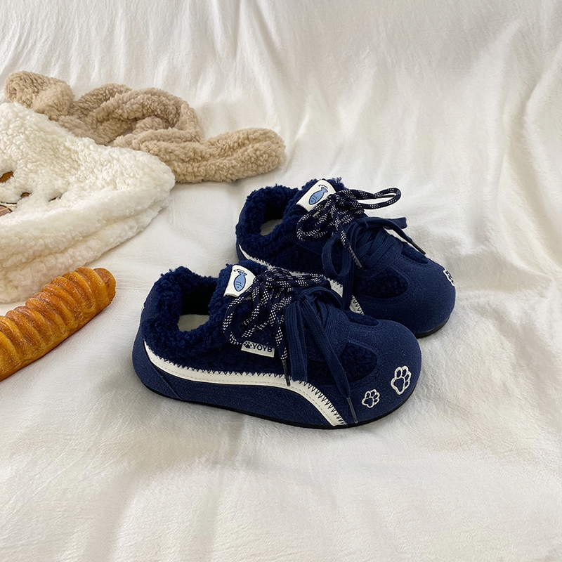 克莱因蓝加绒德训鞋子女2025冬季新款爆款保暖厚底百搭休闲二棉鞋